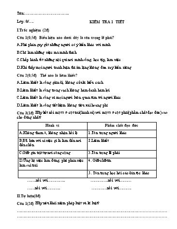 Giáo án GDCD Lớp 8 - Kiểm tra 1 tiết