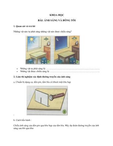 Giáo án Khoa học Lớp 4 (VNEN) - Bài 23: Ánh sáng và bóng tối