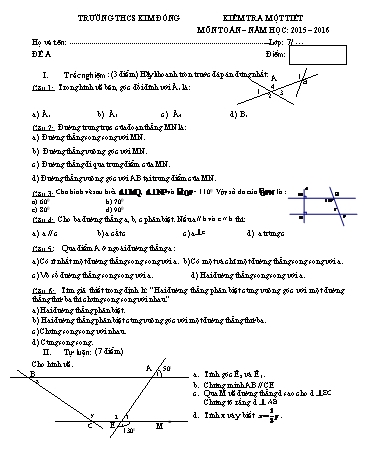 Ma trận và Đề kiểm tra 1 tiết Chương I môn Toán hình Khối 7 - Trường THCS Kim Đồng (Có đáp án)
