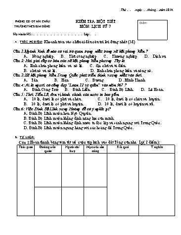 Ma trận và Đề kiểm tra 1 tiết HK I môn Lịch sử Lớp 7 - Trường THCS Kim Đồng (Có đáp án)