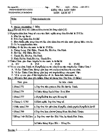 Ma trận và Đề kiểm tra 1 tiết HK II môn Lịch sử Lớp 7 - Trường THCS Kim Đồng (Có đáp án)