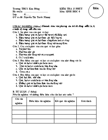 Ma trận và Đề kiểm tra 1 tiết Học kì II môn Sinh học Lớp 6 - Trường THCS Kim Đồng (Có đáp án)