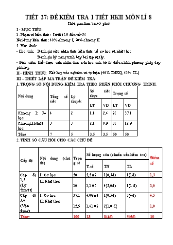 Ma trận và Đề kiểm tra 1 tiết Học kì II môn Vật lí Lớp 8 - Trường THCS Kim Đồng (Có đáp án)