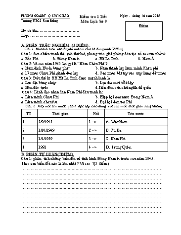 Ma trận và Đề kiểm tra 1 tiết môn Lịch sử Lớp 9 - Trường THCS Kim Đồng (Có đáp án)
