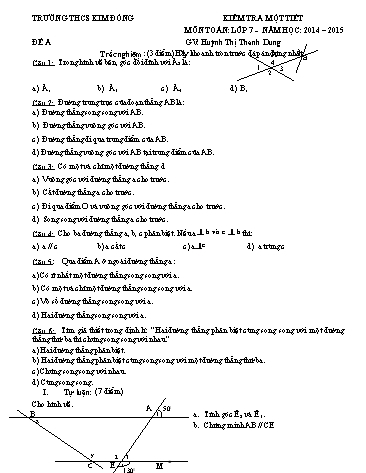Ma trận và Đề kiểm tra 1 tiết môn Toán hình Lớp 7 - Trường THCS Kim Đồng (Có đáp án)