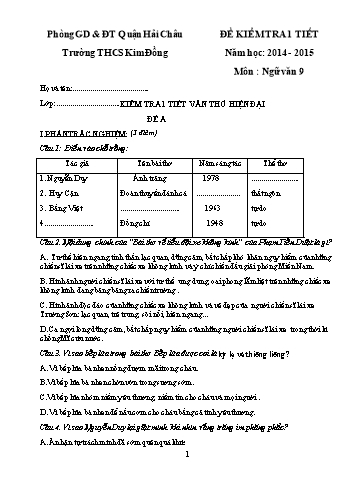 Ma trận và Đề kiểm tra 1 tiết (thơ hiện đại) HK I môn Ngữ văn Lớp 9 - Trường THCS Kim Đồng (Có đáp án)