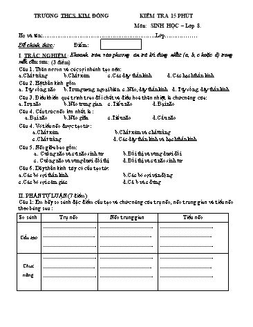 Ma trận và Đề kiểm tra 15 phút HK II môn Sinh học Lớp 8 - Trường THCS Kim Đồng (Có đáp án)