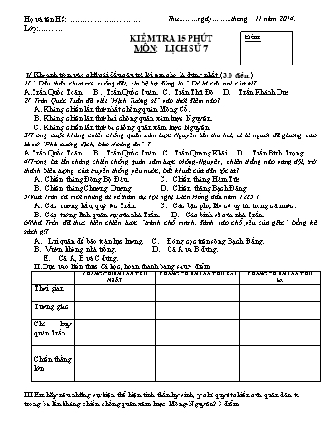 Ma trận và Đề kiểm tra 15 phút lần 2 môn Lịch sử Lớp 7 - Trường THCS Kim Đồng (Có đáp án)