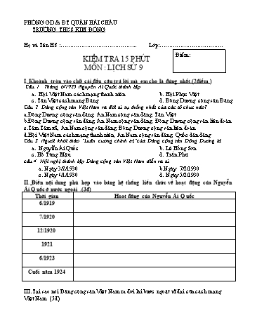 Ma trận và Đề kiểm tra 15 phút môn Lịch sử Lớp 9 - Trường THCS Kim Đồng (Có đáp án)