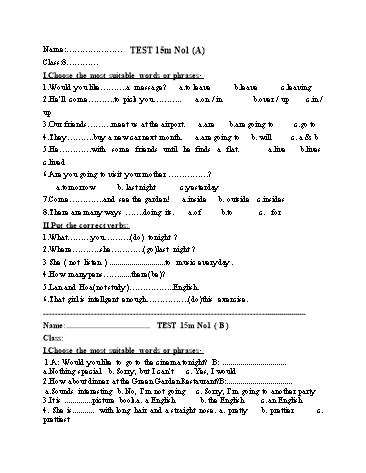 Ma trận và Đề kiểm tra 15 phút môn Tiếng Anh Lớp 8 - Trường THCS Kim Đồng (Có đáp án)