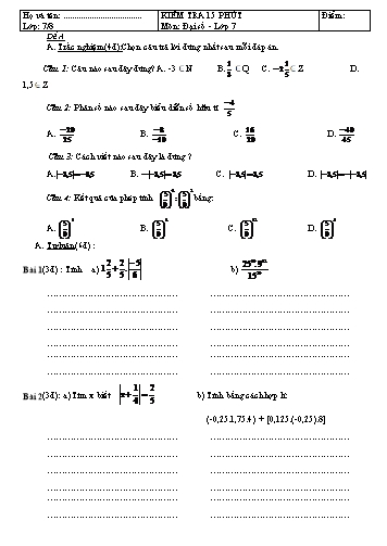 Ma trận và Đề kiểm tra 15 phút (tuần 4) môn Toán đại Khối 7 - Trường THCS Kim Đồng (Có đáp án)