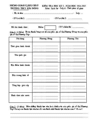 Ma trận và Đề kiểm tra Học kì I môn Lịch sử Lớp 6 - Trường THCS Kim Đồng (Có đáp án)