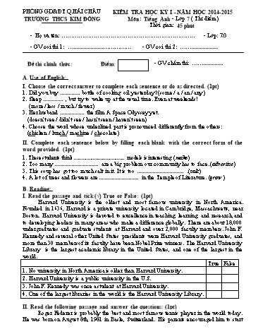 Ma trận và Đề kiểm tra Học kì I môn Tiếng Anh (thí điểm) Lớp 7 - Trường THCS Kim Đồng (Có đáp án)