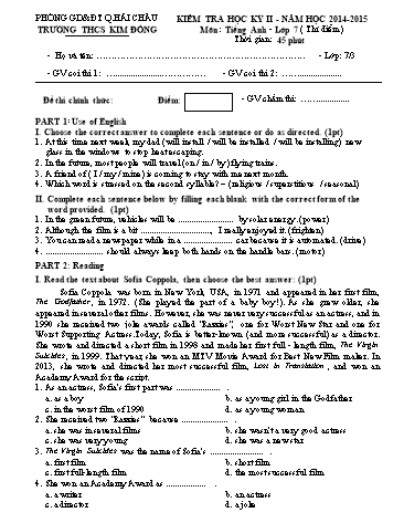 Ma trận và Đề kiểm tra Học kì II môn Tiếng Anh (thí điểm) Lớp 7 - Trường THCS Kim Đồng (Có đáp án)