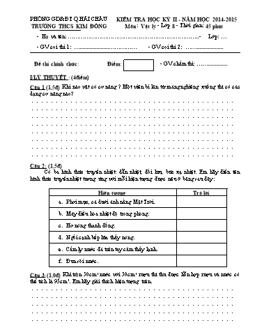 Ma trận và Đề kiểm tra Học kì II môn Vật lí Lớp 8 - Trường THCS Kim Đồng (Có đáp án)