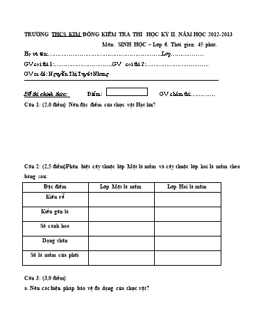 Ma trận và Đề thi Học kì II môn Sinh học Lớp 6 - Trường THCS Kim Đồng (Có đáp án)