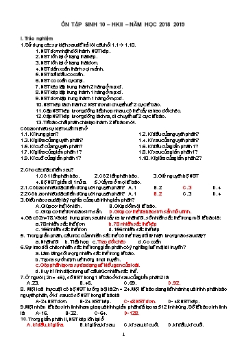 Ôn tập kiểm tra Học kì II môn Sinh học Lớp 10 năm học 2018- 2019