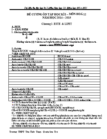 Tài liệu đề cương ôn tập Học kì 1 môn Hóa học Lớp 12
