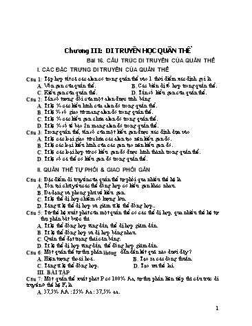 Trắc nghiệm ôn tập Sinh học 12 - Chương III: Di truyền học quần thể