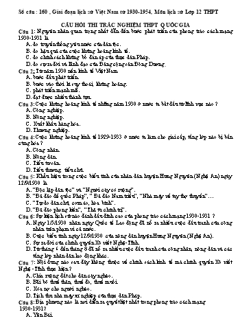 Trắc nghiệm ôn tập THPT QG môn Lịch sử 12 - Giai đoạn lịch sử Việt Nam từ 1930- 1946